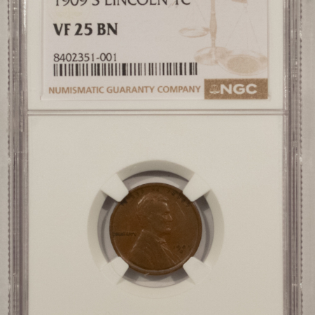 Lincoln Cents (Wheat) 1909-S LINCOLN CENT NGC VF-25 BN, PERFECT! KEY-DATE!