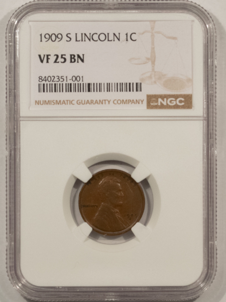 Lincoln Cents (Wheat) 1909-S LINCOLN CENT NGC VF-25 BN, PERFECT! KEY-DATE!
