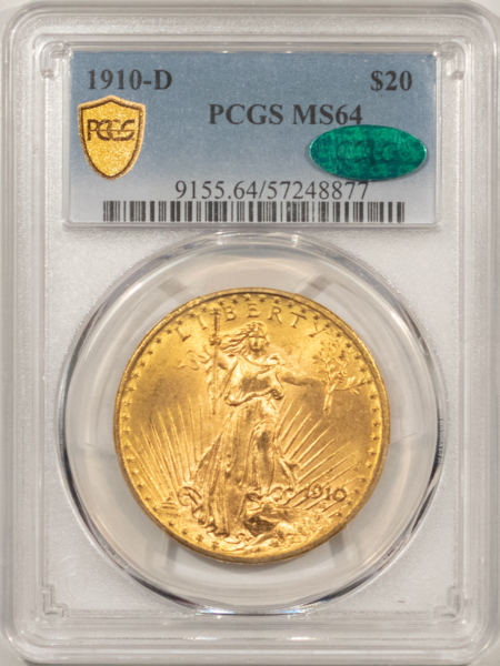 $20 1910-D $20 ST GAUDENS GOLD DOUBLE EAGLE – PCGS MS-64, FRESH & CAC APPROVED!