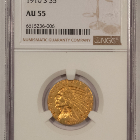 $5 1910-S $5 INDIAN GOLD HALF EAGLE – NGC AU-55
