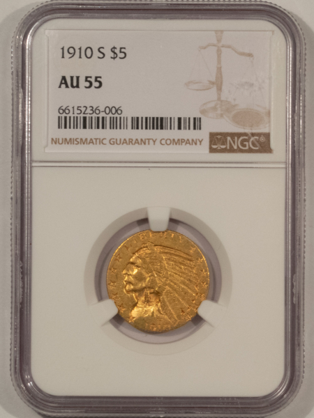 $5 1910-S $5 INDIAN GOLD HALF EAGLE – NGC AU-55
