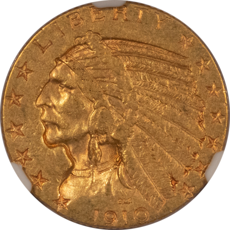 $5 1910-S $5 INDIAN GOLD HALF EAGLE – NGC AU-55