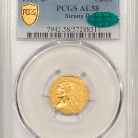 $2.50 1911-D $2.50 INDIAN GOLD QUARTER EAGLE, STRONG D – PCGS AU-58, FRESH PQ & CAC!