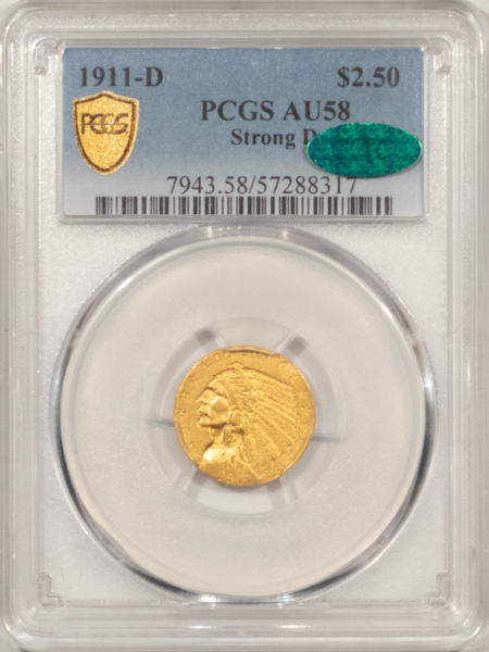 $2.50 1911-D $2.50 INDIAN GOLD QUARTER EAGLE, STRONG D – PCGS AU-58, FRESH PQ & CAC!