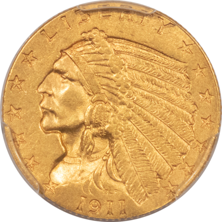 $2.50 1911-D $2.50 INDIAN GOLD QUARTER EAGLE, STRONG D – PCGS AU-58, FRESH PQ & CAC!