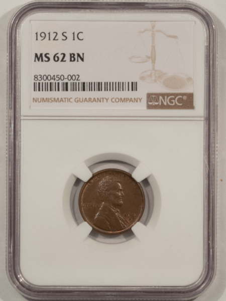 Lincoln Cents (Wheat) 1912-S LINCOLN CENT – NGC MS-62 BN, PREMIUM QUALITY!
