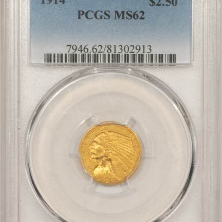 $2.50 1914 $2.50 INDIAN GOLD QUARTER EAGLE – PCGS MS-62, SEMI-KEY DATE, TOUGH!