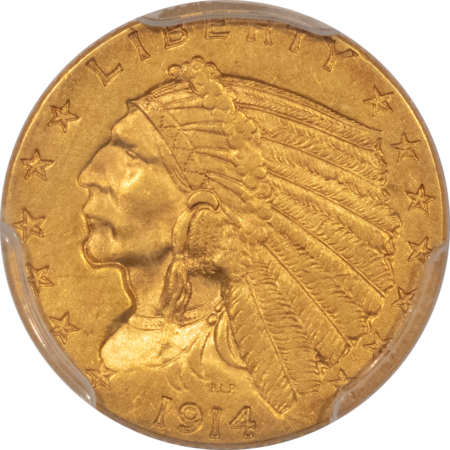 $2.50 1914 $2.50 INDIAN GOLD QUARTER EAGLE – PCGS MS-62, SEMI-KEY DATE, TOUGH!