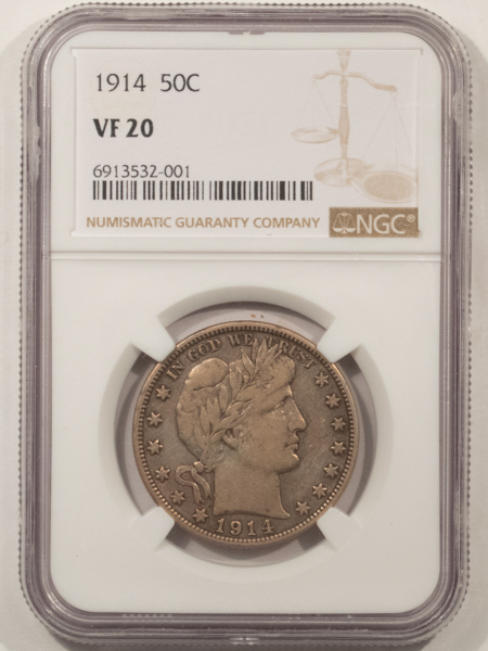 Barber Halves 1914 BARBER HALF DOLLAR – NGC VF-20, KEY-DATE! TOUGH!