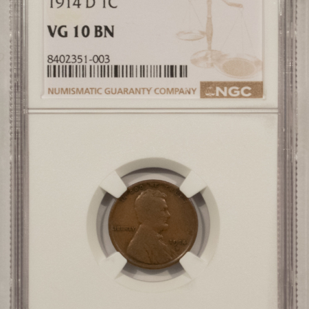 Lincoln Cents (Wheat) 1914-D LINCOLN CENT – NGC VG-10, PLEASING CIRCULATED, LOOKS FINE, NICE KEY-DATE!