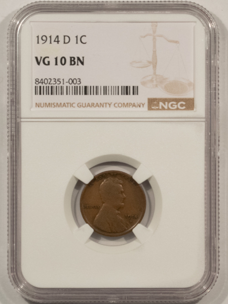 Lincoln Cents (Wheat) 1914-D LINCOLN CENT – NGC VG-10, PLEASING CIRCULATED, LOOKS FINE, NICE KEY-DATE!