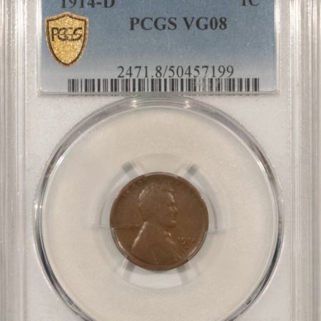Lincoln Cents (Wheat) 1914-D LINCOLN CENT – PCGS VG-8, KEY-DATE!