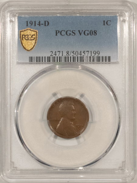 Lincoln Cents (Wheat) 1914-D LINCOLN CENT – PCGS VG-8, KEY-DATE!