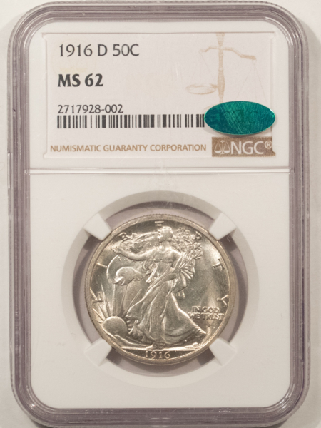 CAC Approved Coins 1916-D WALKING LIBERTY HALF DOLLAR – NGC MS-62, FLASHY ORIGINAL WHITE & PQ!