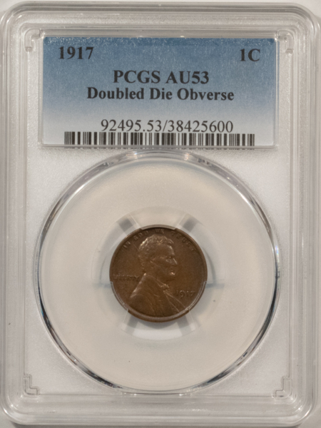 Lincoln Cents (Wheat) 1917 LINCOLN CENT, DOUBLED DIE OBVERSE – PCGS AU-53, RARE! UNDERVALUED!