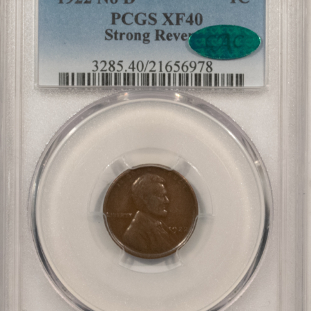 CAC Approved Coins 1922 No D LINCOLN CENT, STRONG REVERSE – PCGS XF-40, SUPER ORIGINAL, PQ & CAC!