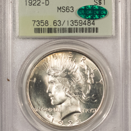 CAC Approved Coins 1922-D $1 PEACE DOLLAR – PCGS MS-63, OLD GREEN HOLDER, PREMIUM QUALITY++, CAC!