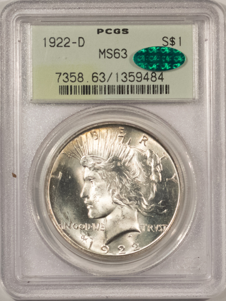 CAC Approved Coins 1922-D $1 PEACE DOLLAR – PCGS MS-63, OLD GREEN HOLDER, PREMIUM QUALITY++, CAC!
