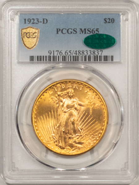 $20 1923-D $20 ST GAUDENS GOLD DOUBLE EAGLE – PCGS MS-65, SUPER PQ! CAC APPROVED!