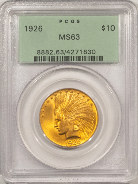 $10 1926 $10 INDIAN GOLD EAGLE – PCGS MS-63, OLD GREEN HOLDER & PREMIUM QUALITY!
