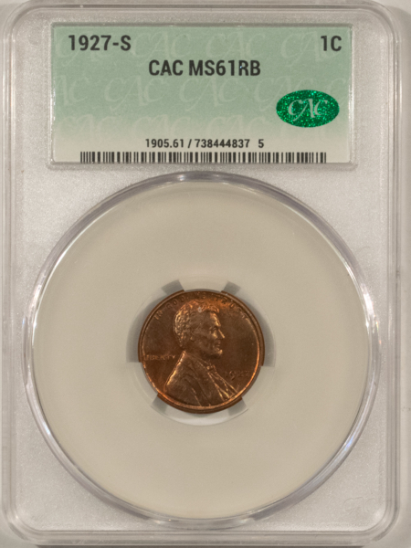 CAC Approved Coins 1927-S LINCOLN CENT – CACG MS-61 RB, LOOKS MS-65, CAC APPROVED!
