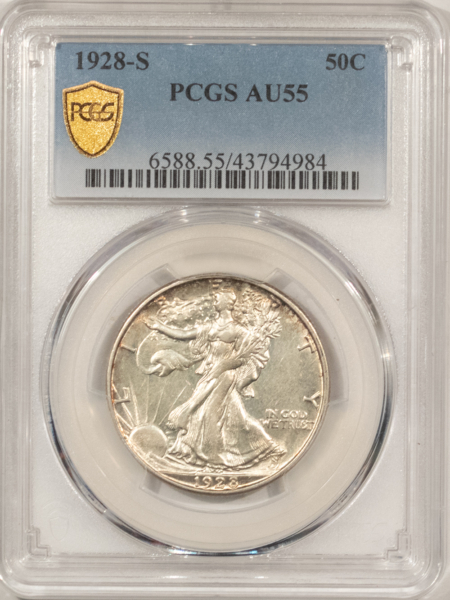 Half Dollars 1928-S WALKING LIBERTY HALF DOLLAR – PCGS AU-55, FLASHY!