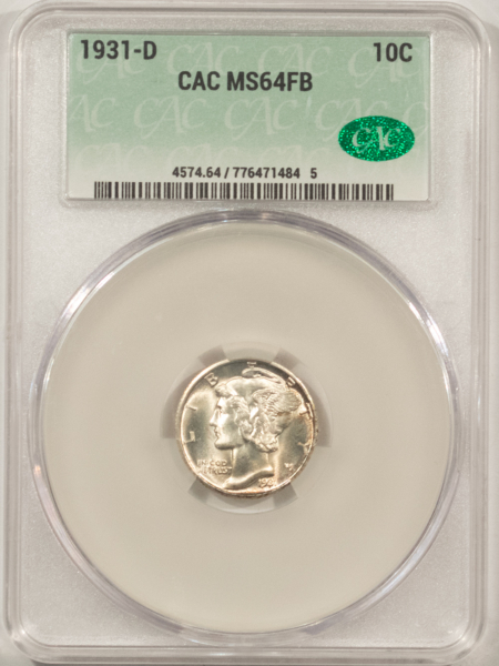 CAC Approved Coins 1931-D MERCURY DIME – CACG MS-64 FB, BLAZING! CAC APPROVED!