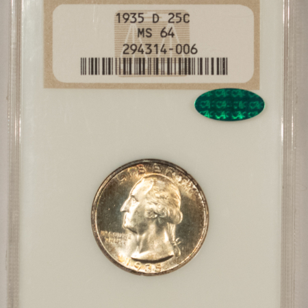 CAC Approved Coins 1935-D WASHINGTON QUARTER – NGC MS-64, FATTIE HOLDER, PREMIUM QUALITY++, CAC!
