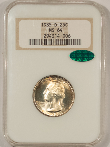 CAC Approved Coins 1935-D WASHINGTON QUARTER – NGC MS-64, FATTIE HOLDER, PREMIUM QUALITY++, CAC!