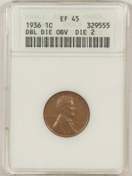 Lincoln Cents (Wheat) 1936 LINCOLN CENT, DOUBLED DIE OBVERSE, TY 2 – ANACS EF-45 OLD WHITE HOLDER