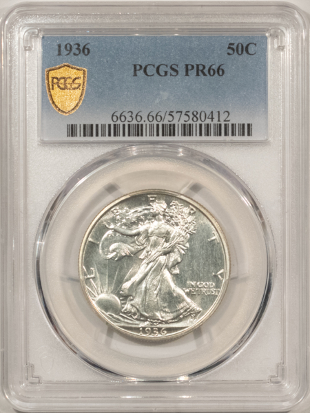 Half Dollars 1936 PROOF WALKING LIBERTY HALF DOLLAR PCGS PR-66, BLAST WHITE, PREMIUM QUALITY!