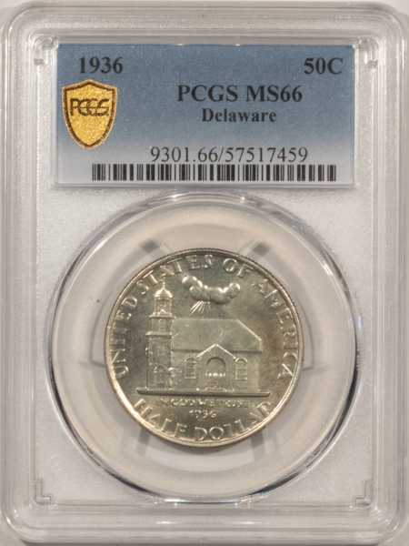 New Certified Coins 1936 DELAWARE COMMEMORATIVE HALF DOLLAR PCGS MS-66, FLASHY & SEMI-PROOFLIKE!