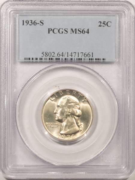 New Certified Coins 1936-S WASHINGTON QUARTER – PCGS MS-64, LOOKS 65+, PREMIUM QUALITY!