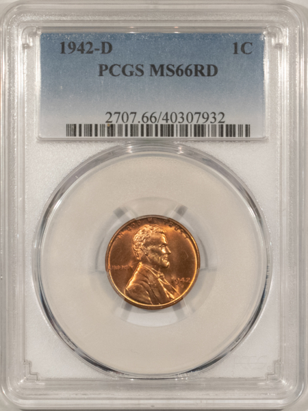 Lincoln Cents (Wheat) 1942-D LINCOLN CENT – PCGS MS-66 RD, GORGEOUS!