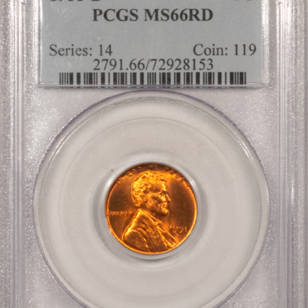 Lincoln Cents (Wheat) 1951-D LINCOLN CENT – PCGS MS-66 RD BLAZING LUSTER & PQ!