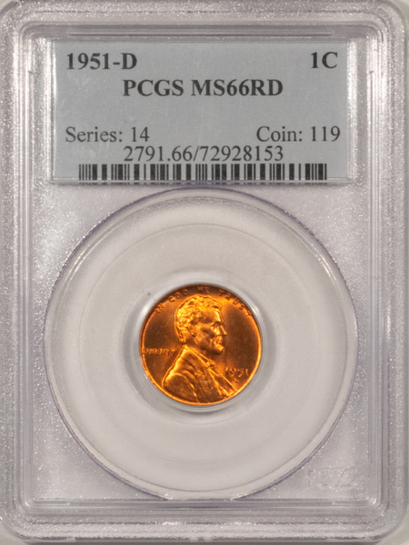 Lincoln Cents (Wheat) 1951-D LINCOLN CENT – PCGS MS-66 RD BLAZING LUSTER & PQ!
