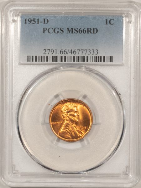 Lincoln Cents (Wheat) 1951-D LINCOLN CENT – PCGS MS-66 RD, BLAZING & PREMIUM QUALITY!
