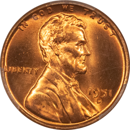 Lincoln Cents (Wheat) 1951-D LINCOLN CENT – PCGS MS-66 RD, BLAZING & PREMIUM QUALITY!