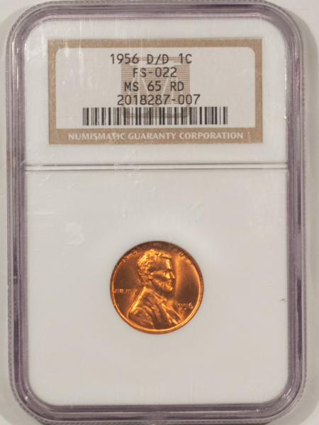 Lincoln Cents (Wheat) 1956 D/D LINCOLN CENT FS-022 NGC MS-65 RD SCARCE VARIETY, 2ND MISPLACED MINTMARK