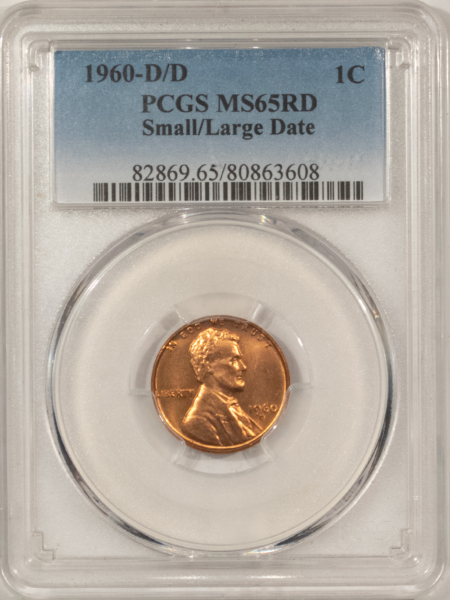 Lincoln Cents (Memorial) 1960-D/D LINCOLN CENT, SMALL/LARGE DATE – PCGS MS-65 RD, POPULAR VARIETY!