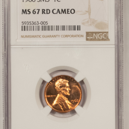 Lincoln Cents (Memorial) 1966 SMS LINCOLN CENT – NGC MS-67 RD CAMEO, RARE & LOW-POP!