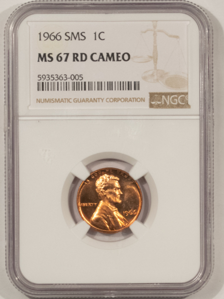Lincoln Cents (Memorial) 1966 SMS LINCOLN CENT – NGC MS-67 RD CAMEO, RARE & LOW-POP!