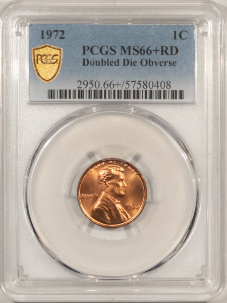 Lincoln Cents (Memorial) 1972 LINCOLN CENT, DOUBLED DIE OBVERSE – PCGS MS-66+ RD, BLAZING RED!
