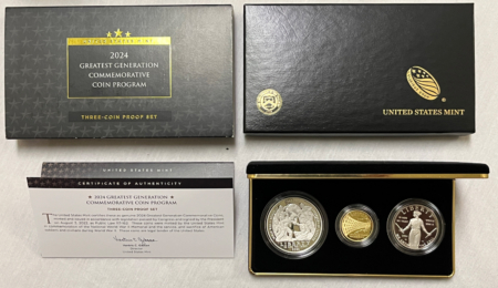 Modern Commems 2024 GREATEST GENERATION 3 COIN COMMEM SET 50C SILVER $1, $5 GOLD GEM PR BOX/COA