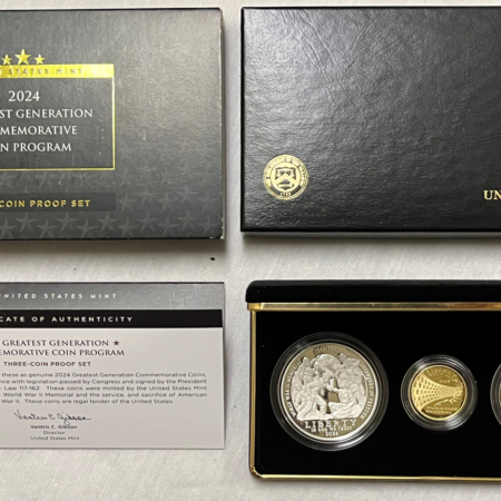 Modern Commems 2024 GREATEST GENERATION 3 COIN COMMEM SET 50C SILVER $1, $5 GOLD GEM PR BOX/COA