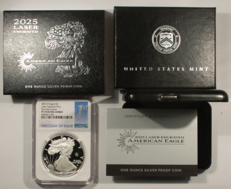 American Silver Eagles 2025-W PROOF AMERICAN SILVER EAGLE LASER ENGRAVED PRIVY NGC PF70 UCAM FIRST DAY