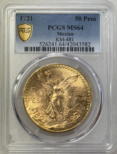 New Certified Coins 1921 MEXICO GOLD 50 PESO, KM#481 – PCGS MS-64, FRESH & FLASHY KEY DATE!