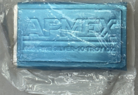 Bullion 10 OZ .999 FINE SILVER APMEX SILVER BRANDED STRUCK SILVER BAR, SEALED IN PLASTIC