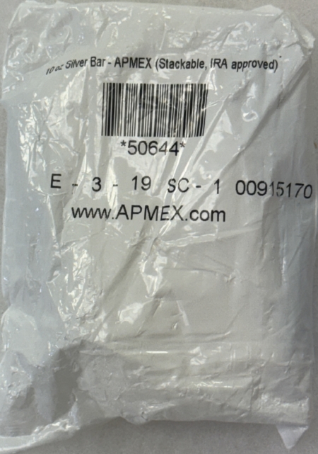 Bullion 10 OZ .999 FINE SILVER APMEX SILVER BRANDED STRUCK SILVER BAR, SEALED IN PLASTIC