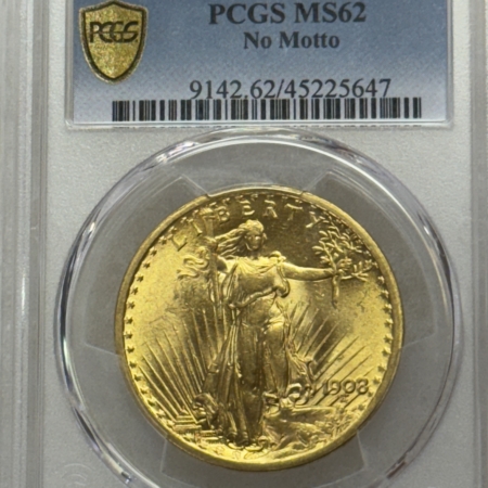 $20 1908 $20 ST GAUDENS GOLD DOUBLE EAGLE, NO MOTTO – PCGS MS-62!